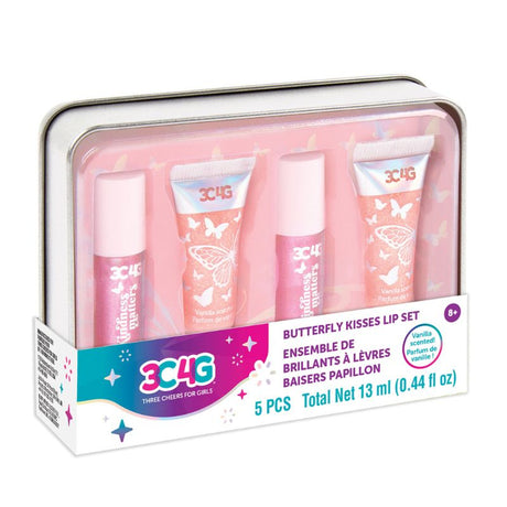 A luxurious 4-pack lip gloss set with wands and tubes, elegantly packaged in a butterfly-themed reusable tin.