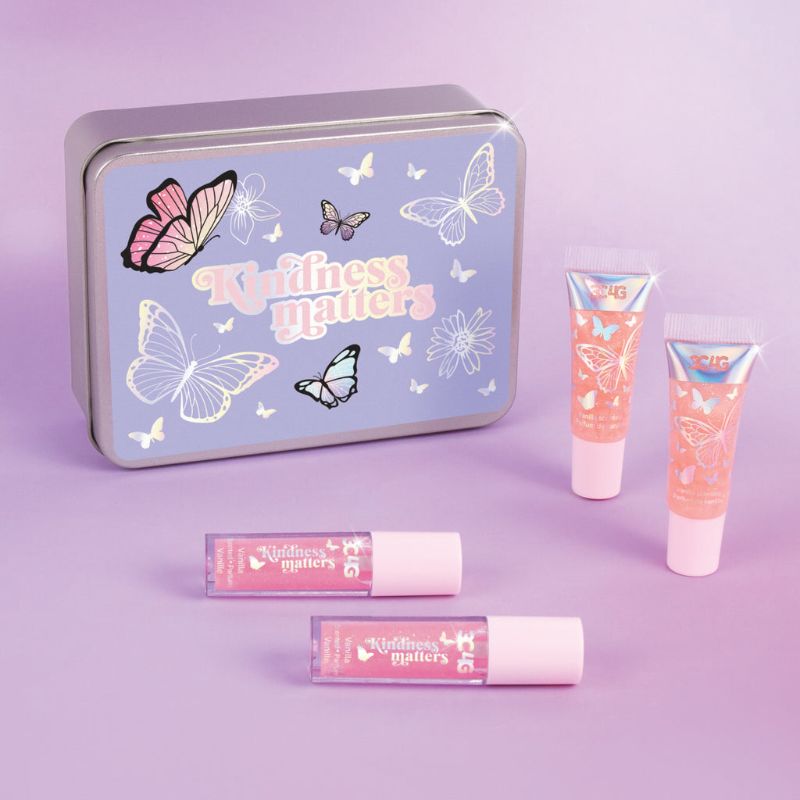 Butterfly Kisses Lip Set featuring 4 luxurious lip glosses in a whimsical butterfly-tin, perfect for hydrated, shiny lips.