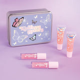 Butterfly Kisses Lip Set featuring 4 luxurious lip glosses in a whimsical butterfly-tin, perfect for hydrated, shiny lips.