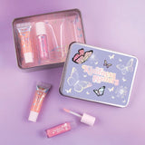 Butterfly Kisses Lip Set: a 4-pack of vibrant lip glosses in a whimsical tin featuring 2 wands and 2 sleek tubes.