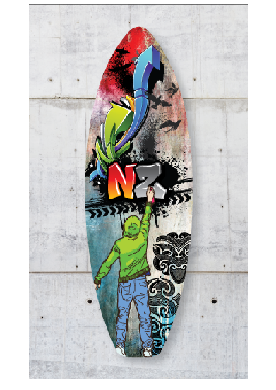 Surfboard Art - Graffiti NZ, eco-friendly wood decor featuring vibrant graffiti design, ideal for coastal-themed interiors.