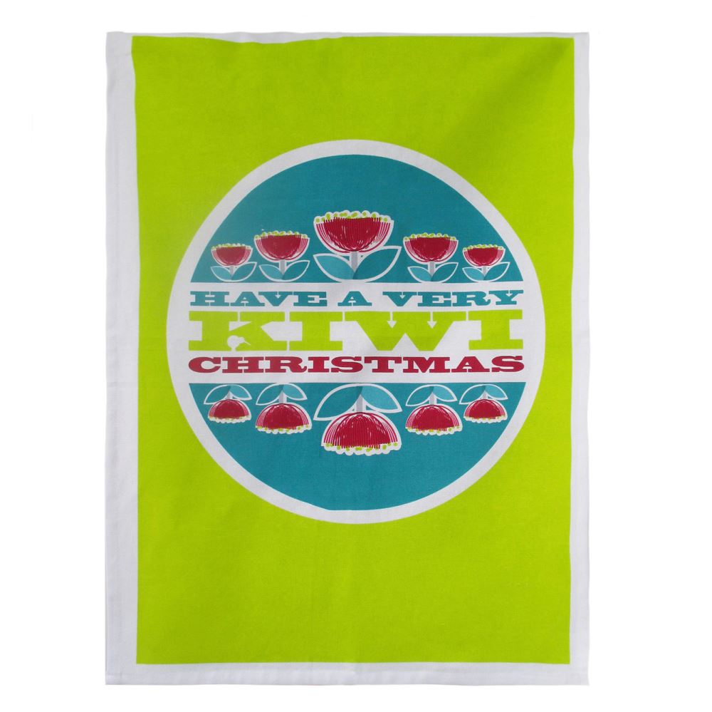 Kiwiana Christmas tea towel featuring a vibrant Pohutukawa design, made of durable 100% cotton, measuring 50 x 70 cm.