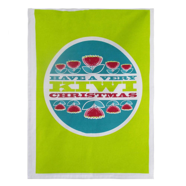 Kiwiana Christmas tea towel featuring a vibrant Pohutukawa design, made of durable 100% cotton, measuring 50 x 70 cm.