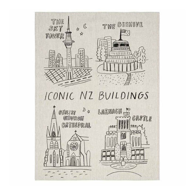 Tea towel featuring iconic New Zealand buildings, made from 100% cotton, 50 x 70cm, highly absorbent and decorative.