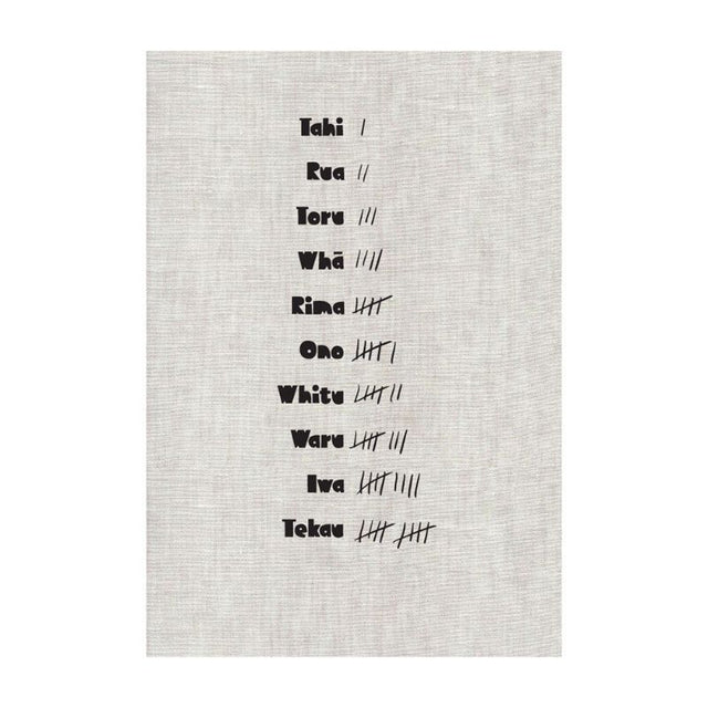 Stylish NGĂ NAMA tea towel, 50 x 70cm, 100% cotton, absorbent, with loop for hanging, featuring unique New Zealand design.