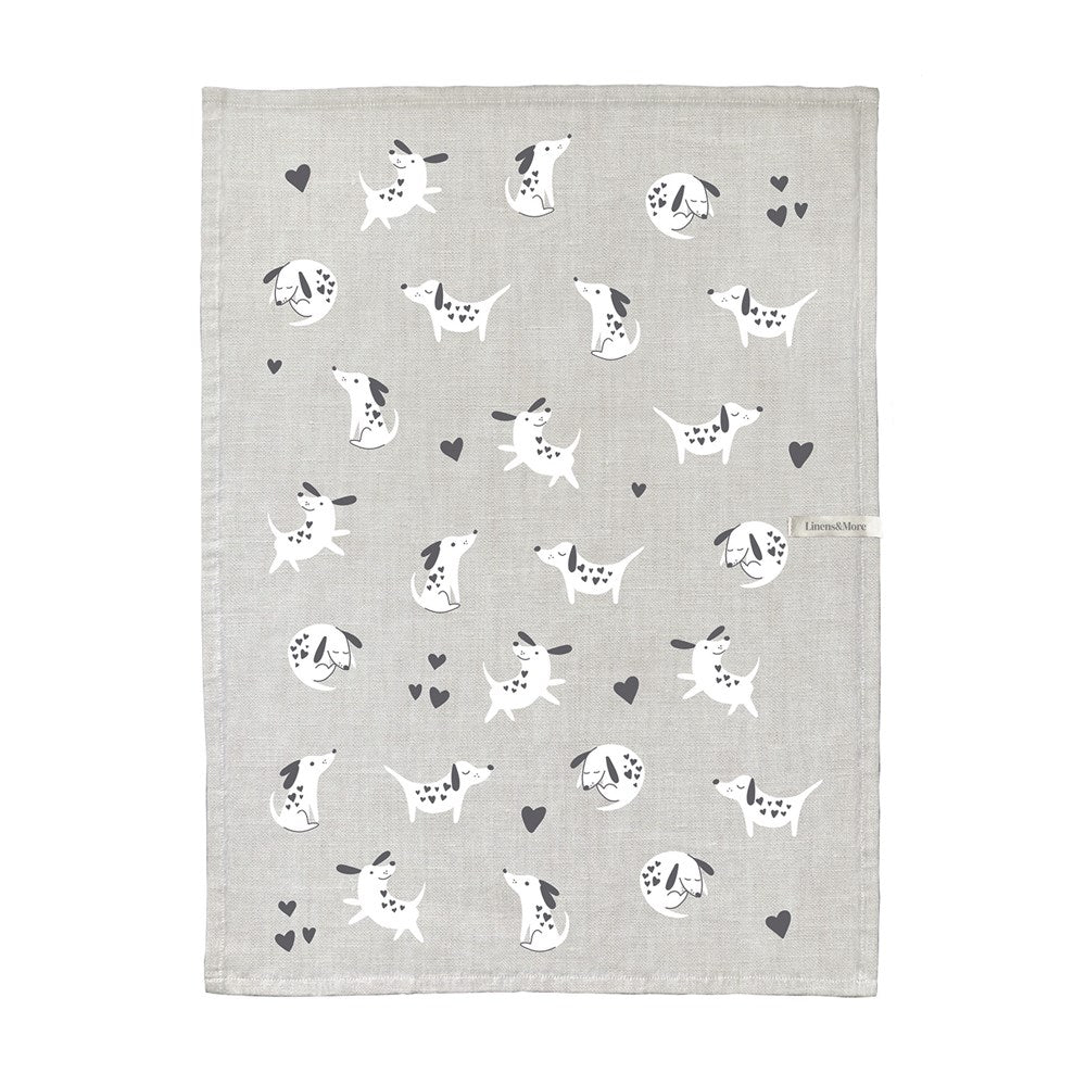 Charming Puppy Crush tea towel, 50 x 70cm, 100% cotton, highly absorbent, featuring a cute puppy design and a handy hanging loop.