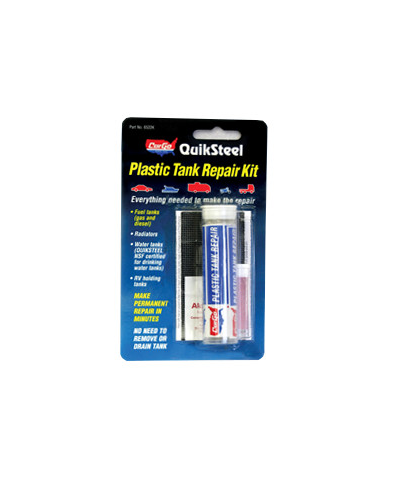 Quiksteel Plastic Tank Repair Kit for permanent fixes on fuel, water, and chemical tanks without needing to empty them.