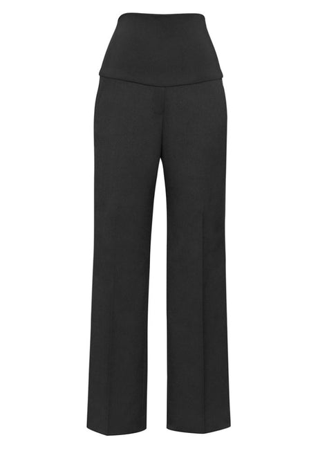 Black mid-rise maternity pants for women, featuring expandable rib for comfort and a flattering straight leg design.
