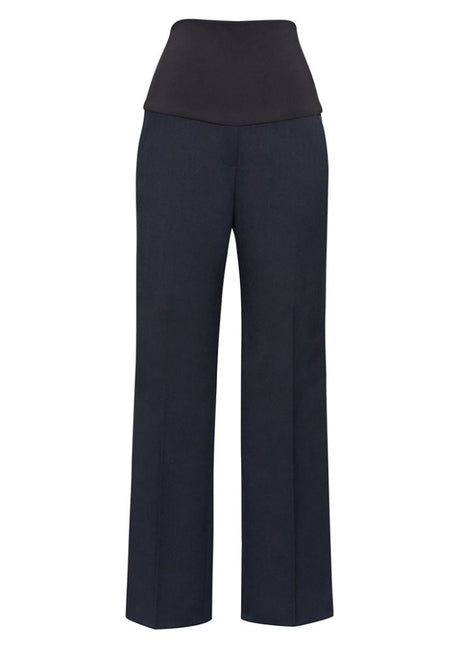 Ladies navy maternity pants in XL with expandable rib for comfort and straight leg design, perfect for modern moms-to-be.
