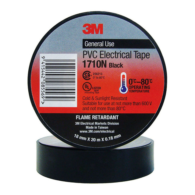 3M Electrical Tape 1710N-BL, black PVC insulating tape, 18mm x 20m, durable, weather-resistant, ideal for electrical projects.