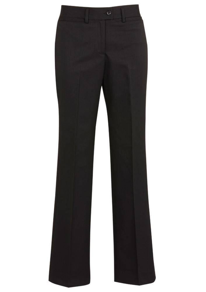 Ladies relaxed fit black pant, size 14, featuring mid-rise design, horizontal pockets, and made with soft polyester and bamboo charcoal.