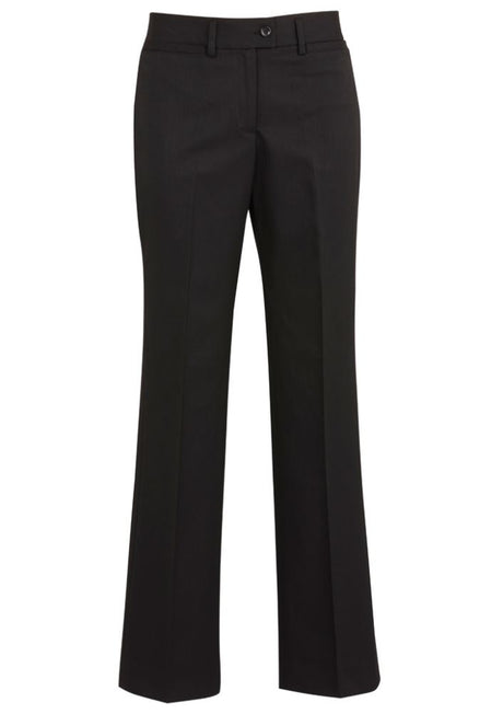 Ladies relaxed fit black pants with mid-rise, soft fabric, front pockets, and a customizable waist for versatile styling.