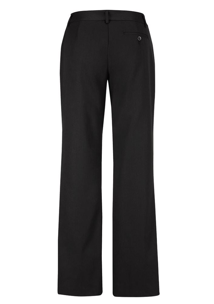 Ladies relaxed fit black pant, size 14, featuring mid-rise design and horizontal front pockets for comfort and style.