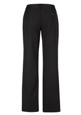 Ladies relaxed fit black pant, size 14, featuring mid-rise design and horizontal front pockets for comfort and style.