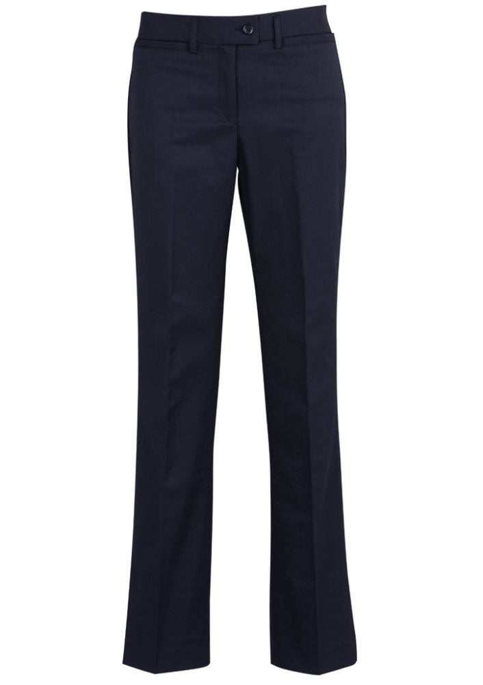 Navy relaxed fit pants for women, size 4, featuring a soft blend fabric, mid-rise waist, and convenient front pockets.
