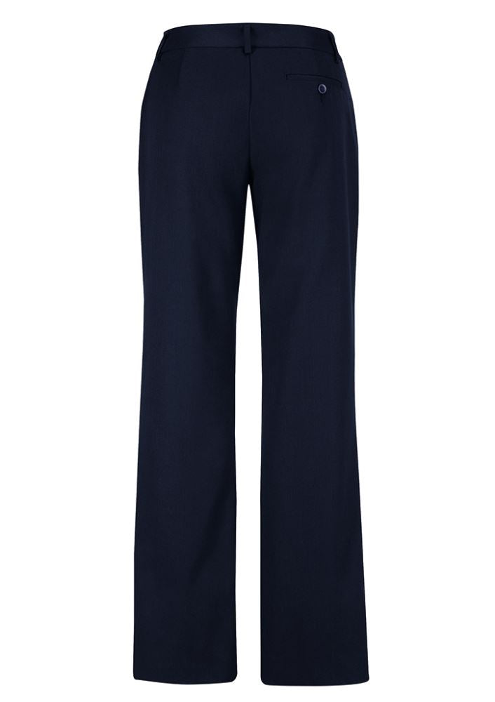 Ladies navy relaxed fit pants with mid-rise, moisture-wicking fabric, and horizontal front pockets for versatile styling.