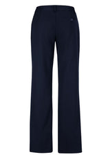 Ladies navy relaxed fit pants with mid-rise, moisture-wicking fabric, and horizontal front pockets for versatile styling.