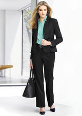 Ladies relaxed fit black pants with mid-rise design, breathable fabric, and practical front pockets for comfort and style.