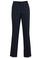 Ladies navy easy fit pants featuring a tapered leg, deep side pockets, and made from a soft polyester-bamboo blend.