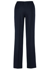 Ladies navy easy fit pants from Biz Collection, featuring a pull-on design, tapered legs, and deep side pockets for convenience.