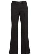 Ladies relaxed fit bootleg pant in black, featuring mid-rise waist, front pockets, and comfortable bamboo blend fabric.