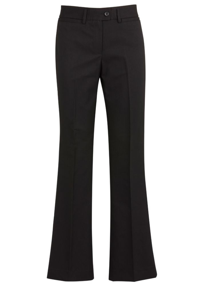Ladies relaxed fit bootleg pant in black, featuring mid-rise waist and horizontal pockets, ideal for versatile styling.