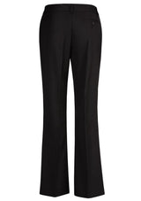 Ladies relaxed fit bootleg pants in black, featuring mid-rise design, front pockets, and breathable fabric for comfort and style.