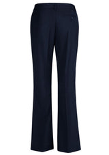 Ladies relaxed fit navy bootleg pants with mid-rise waist, pockets, and bamboo charcoal blend for comfort and style.