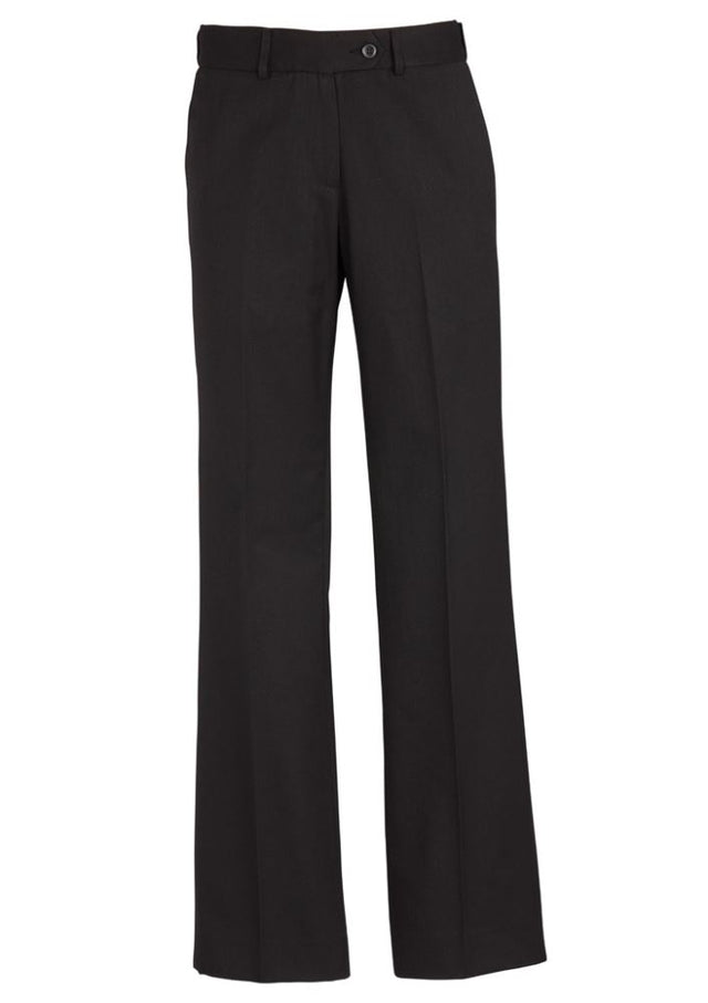 Ladies adjustable waist pants in black with deep side pockets, mid-rise fit, and breathable fabric by Biz Collection.