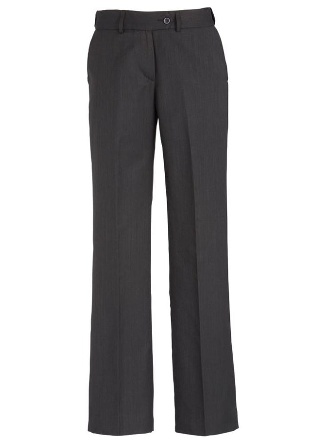 Ladies charcoal adjustable waist pants featuring mid-rise fit, deep side pockets, and a comfortable, stylish design.