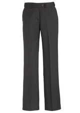 Ladies adjustable waist pant in charcoal, featuring concealed waist, mid-rise fit, and deep side pockets for style and comfort.
