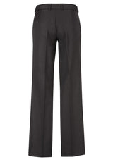 Ladies adjustable waist pant in charcoal, featuring mid-rise fit, concealed waist, deep pockets, and made from durable fabric.