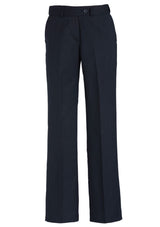 Ladies navy adjustable waist pants with mid-rise fit, deep side pockets, and soft bamboo charcoal blend for comfort.