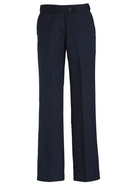 Navy ladies' adjustable waist pant by Biz Collection, mid-rise, deep pockets, crafted from polyester and bamboo charcoal blend.