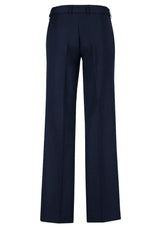 Ladies navy adjustable waist pants featuring a mid-rise fit, deep side pockets, and a blend of polyester and bamboo charcoal.