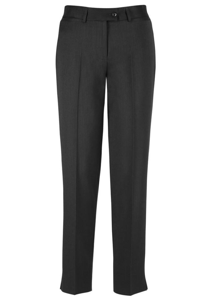 Ladies slim leg pant in charcoal, featuring a tapered design and split hem for comfort, ideal for casual or professional wear.