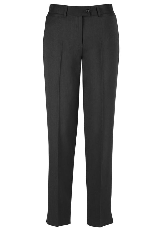 Ladies slim leg pant in charcoal, featuring a tapered design and split hem for comfort, ideal for casual or professional wear.