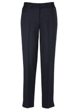 Navy ladies slim leg pants, size 16, feature a tapered design, breathable fabric, and stylish split for comfort and mobility.