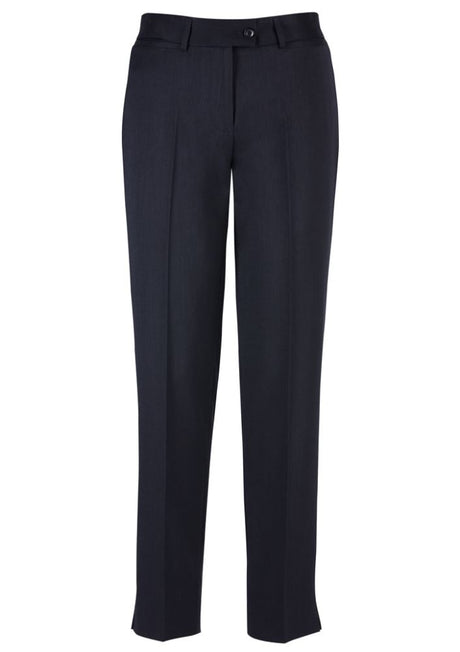 Navy slim leg pants for women, tapering to ankle, featuring breathable fabric blend for comfort and stylish versatility.