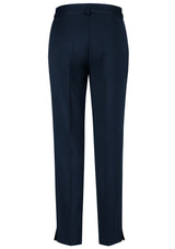 Navy slim leg pants for ladies, size 4, featuring a tapered design and split hem for comfort, ideal for professional wear.