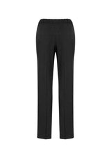 Ladies Ultra Comfort Waist Pant in black, featuring elastic higher rise waistband, tapered legs, and side pockets for versatile style.