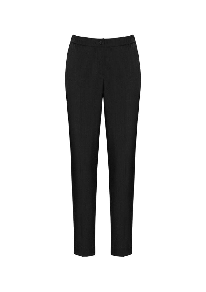 Ladies Ultra Comfort Waist Pant in black, featuring a higher rise waistband, tapered legs, and side pockets for versatile style and comfort.