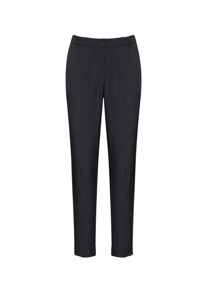 Ladies ultra comfort waist pant in charcoal, size 24, featuring a higher rise waistband, tapered leg, and side pockets for style and versatility.