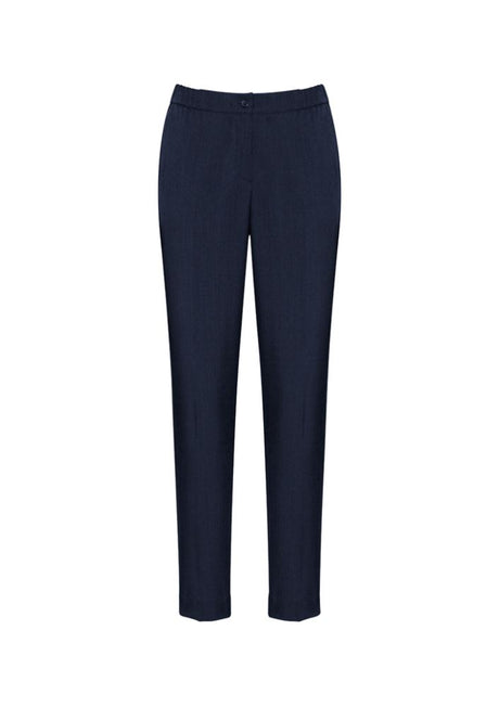 Navy ladies' ultra comfort waist pants with elastic waistband, side pockets, and gently tapered legs for stylish all-day wear.