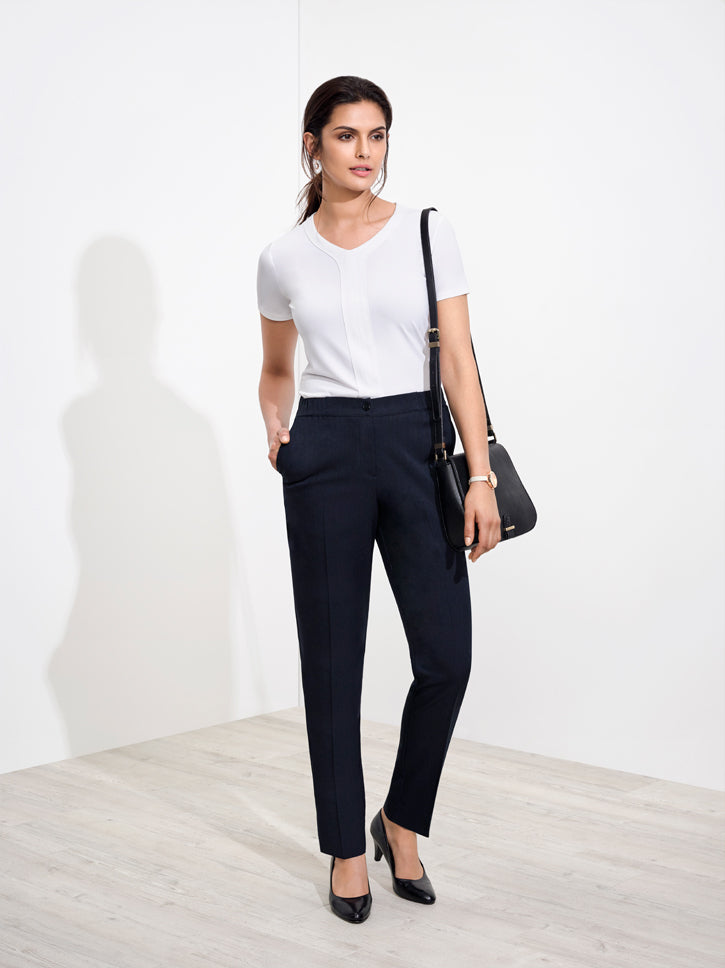 Ladies Ultra Comfort Waist Pant in navy, size 18, featuring an elastic higher rise waistband and tapered leg for all-day style and comfort.