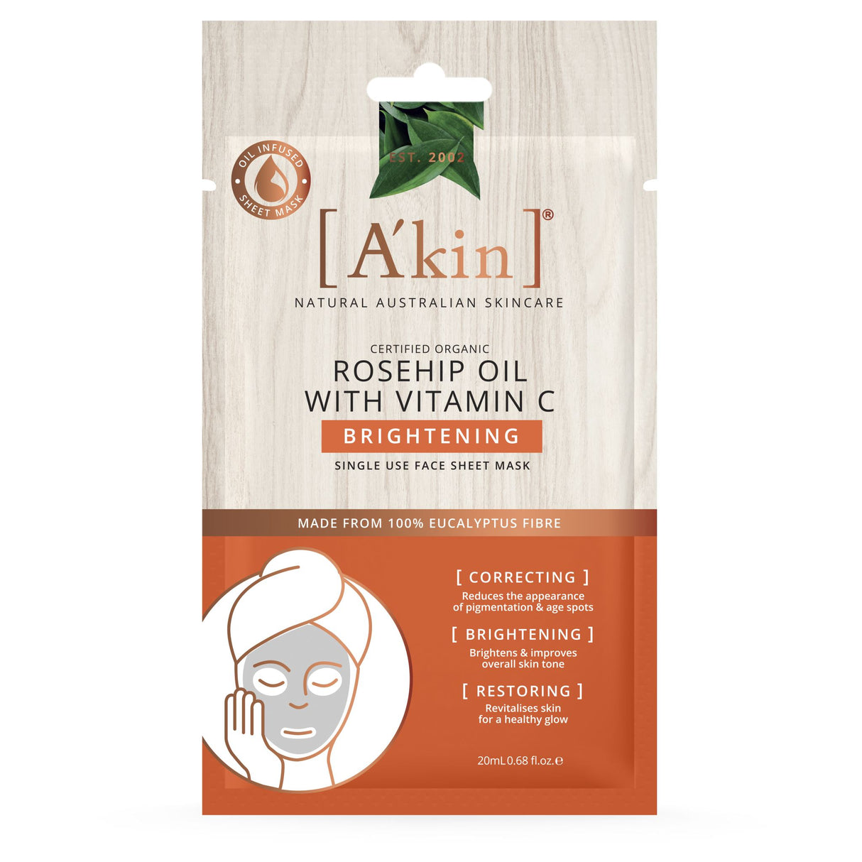 Eco-friendly A'kin Rosehip Oil face mask with vitamin C for brightening and revitalizing all skin types, promoting a natural glow.