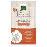 Eco-friendly A'kin Rosehip Oil face mask with vitamin C for brightening and revitalizing all skin types, promoting a natural glow.