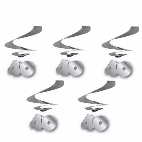 Silver hanging swirls for 40th birthday, 60cm long, pack of 5, perfect for elegant party decorations and photo backdrops.