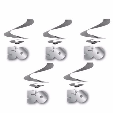 Silver hanging swirls for a 50th birthday, measuring 60cm, pack of 5, adding elegance to celebrations.