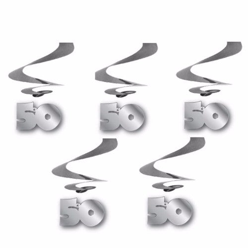 Silver hanging swirls for a 50th birthday, measuring 60cm, pack of 5, adding elegance to celebrations.
